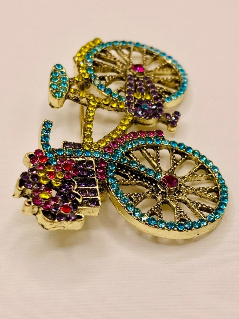 Bicycle Brooch Colorful Rhinestones & Gold-Tone Finish -32B - Picture 2 of 5